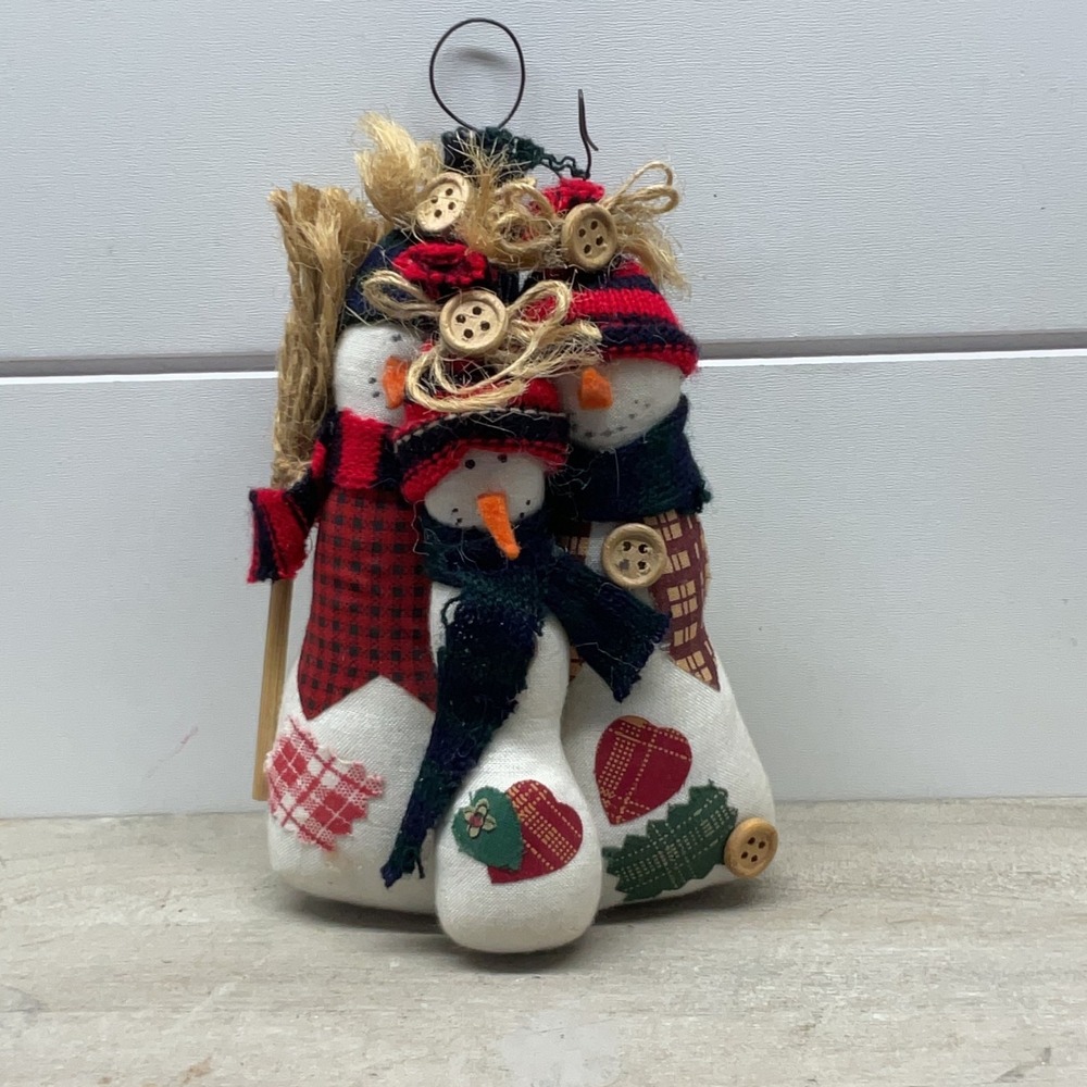 Primitive Rustic Stuffed Snowman Trio Ornament Plaid Button Accents 6.5"